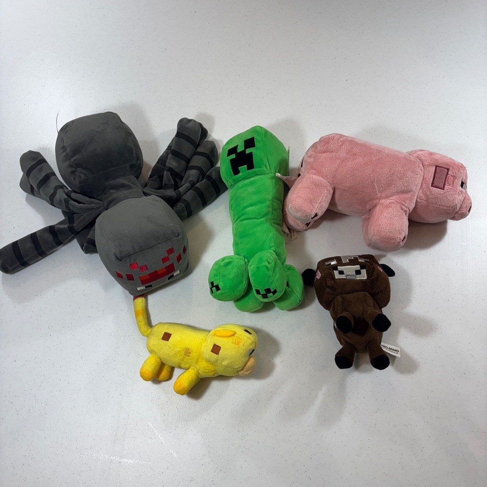 Minecraft Plush Lot of 5 Mojang Creeper Spider Pig Ocelot Cow Stuffed Animals